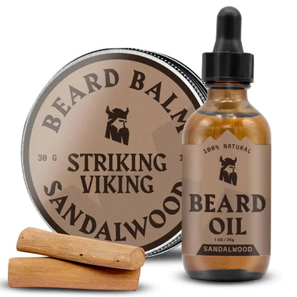 Striking Viking Beard Oil and Balm - Mens Beard Grooming Kit with All-Natural Beard Oil and Leave in Beard Balm Conditioner - Enriched with Argan and Jojoba Oil Sandalwood Atticus Goods